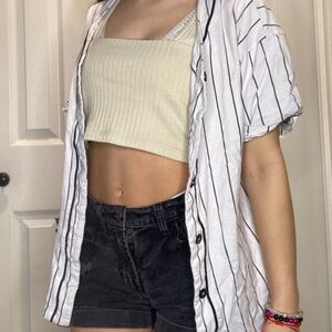 white and black stripped baseball button down